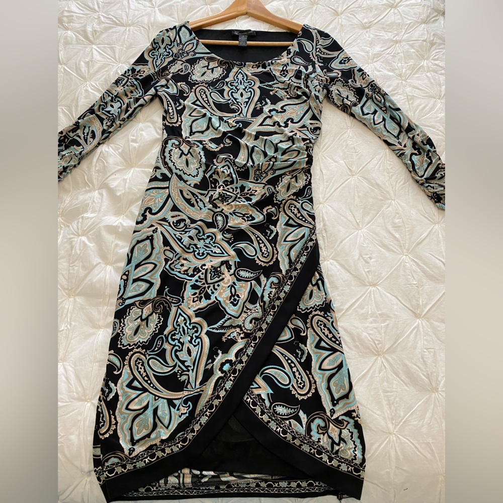 INC Dress wrap dress pattern black blue green comfy brunch Easter Mother’s Day